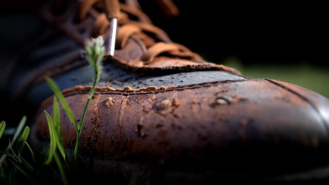 Ultra HD Closeup of worn, distressed brown and dark leather vintage boot or shoe with laces, resting in green grass with dark background video