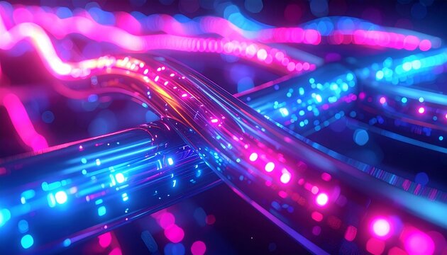 Glowing tubes and flowing light streaks depict data transfer in a digital, abstract scene