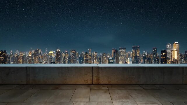 Modern city skyline view from empty rooftop terrace at night with starry sky background