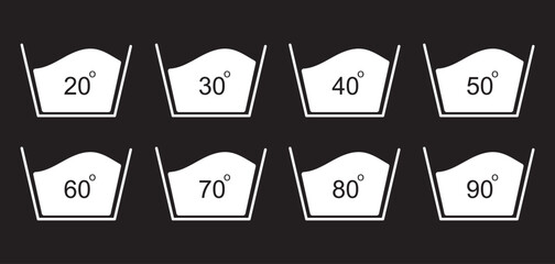 temperature wash icon set. 20, 30, 40, 50, 60, 70, 80, 90 degree. Laundry Care Symbol. Washing Machine Temperature Settings symbol. Water Temperature wash out sign