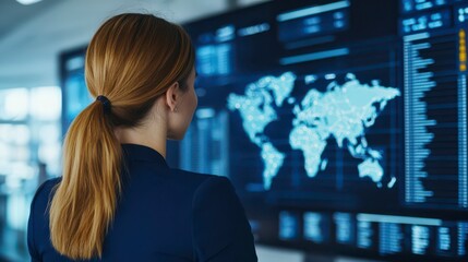 A woman with a ponytail views a digital map on a screen, highlighting global connections and data visualization in a modern workspace.