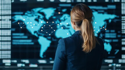 A professional woman observes a digital world map, showcasing global connections and data analytics in a high-tech environment.