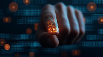 A futuristic hand with a glowing fingertip interacts with digital data, symbolizing technology and innovation in a modern context.