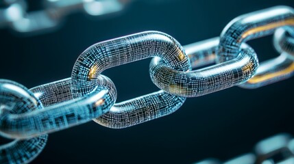 A close-up view of a digital chain link, symbolizing connectivity and technology, with a futuristic design that features glowing data patterns.