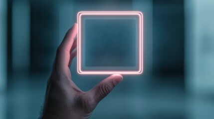 A hand holds a glowing square frame against a blurred background, suggesting themes of technology and innovation.
