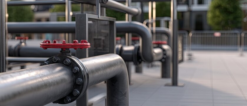 Industrial pipe system featuring red valves in an urban setting during daylight, highlighting modern infrastructure and design