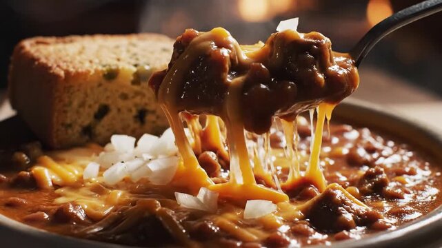 Hearty Bowl of Chili with Cornbread and Melted Cheese