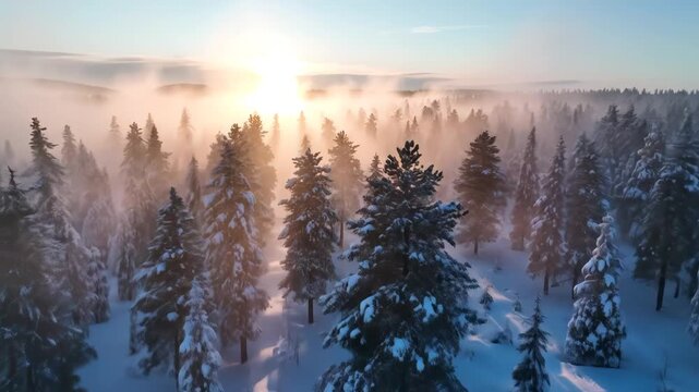 Snowy forest with sun rays