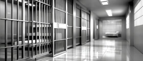 Prison cell block showing empty cells and a quiet hallway during the day