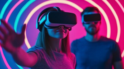 Two individuals wearing virtual reality headsets are immersed in a colorful, illuminated environment, showcasing modern technology and digital interaction.
