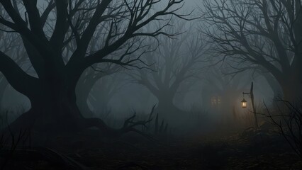 Obraz premium Mysterious foggy forest scene with bare trees and lantern for atmospheric imagery