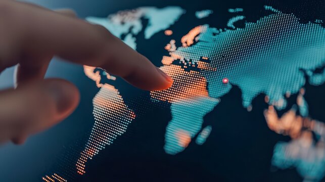 A hand points at a digital world map, highlighting a specific location with vibrant colors and a modern design. - Powered by Adobe