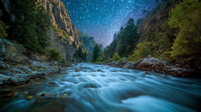Ultra HD Stunning long exposure of a rushing river flowing through a rocky canyon under a brilliant starry night sky, wilderness landscape video