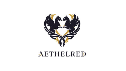 Obraz premium A stylized heart-shaped logo featuring two dark griffins with golden accents, symbolizing strength and unity.