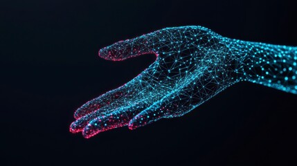 A digital representation of a hand composed of interconnected blue and pink lines, symbolizing technology and connectivity.