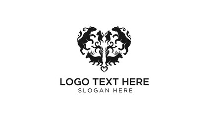 A black and white heart-shaped logo featuring a symmetrical arrangement of animals and decorative elements.