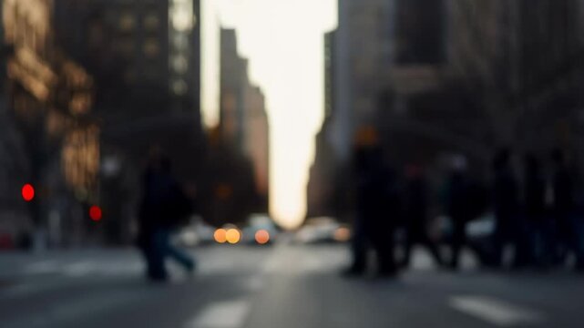 Blurry city street scene with pedestrians crossing amidst traffic. Urban life showcasing movement and daily commuting in a bustling environment
