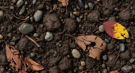 Rich dark soil with small grey stones and decaying leaves, hinting at autumn or natural ground cover.