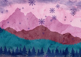 Colorful winter scene artwork created in Procreate and features mountains and snowflakes.