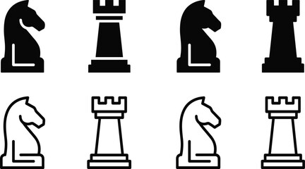 Set of chess piece icons featuring knight and rook silhouettes in outline and solid glyph styles for strategic business game © Saminur