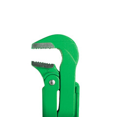 Close-up of a Green Pipe Wrench with Serrated Jaws on Transparent Background