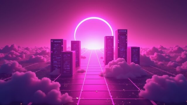 Futuristic server towers with glowing code displays emerging from pink clouds on neon grid floor, concept of cloud computing, data storage technology, artificial intelligence