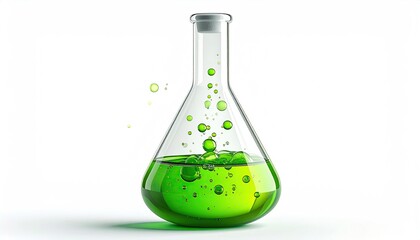 Erlenmeyer flask with green liquid and bubbles, white backdrop