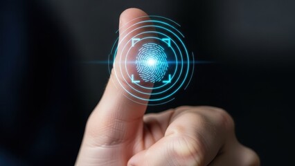 Biometric Fingerprint Scan: Close up of thumb touching glowing digital sensor for secure identity authentication and access control