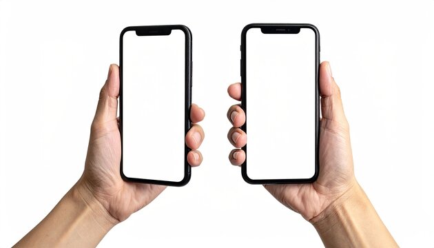 Two hands holding smartphones with blank screens, isolated on white (4)