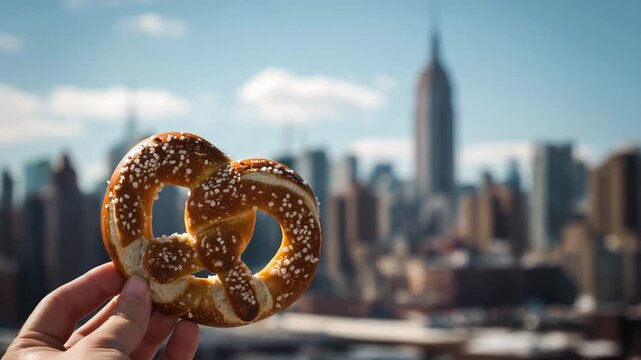 Ultra HD Hand holding a traditional salted pretzel with a blurred new york city skyline background featuring the empire state building video