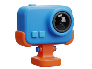 Fototapeta premium A blue and orange action camera on a stand isolated on transparent background