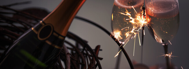 Toasting with champagne glasses and sparklers. Atmospheric horizontal background for new year and weddings.