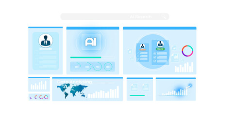 Business analyzing data using AI technology to work with tools, AI seo, search, Flowchart, wolrd smart technology and artificial intelligence concept. Isolated on transparent background