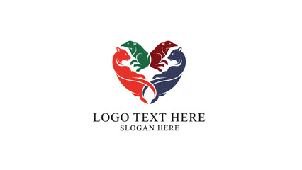 A heart-shaped logo formed by four stylized animals in red, blue, green, and black, with the text "LOGO TEXT HERE" and "SLOGAN HERE" below.