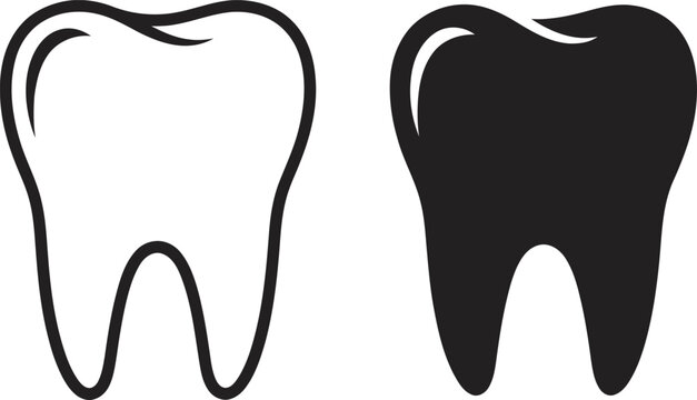 Two simple graphic icons of human teeth, one outlined and one solid black silhouette.
