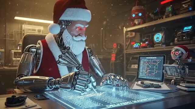 Robotic Santa Claus Working on a Futuristic Tablet in Workshop.