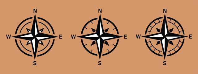 Set of diverse compass rose and navigational symbols vector illustrations. Black and white line art icons for direction, travel, exploration, and maritime design © top3