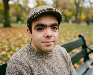 young adult sits on a park bench wearing a sweater and cap. Leaves cover the ground around them. The sun shines bright in a park setting with trees in the background.