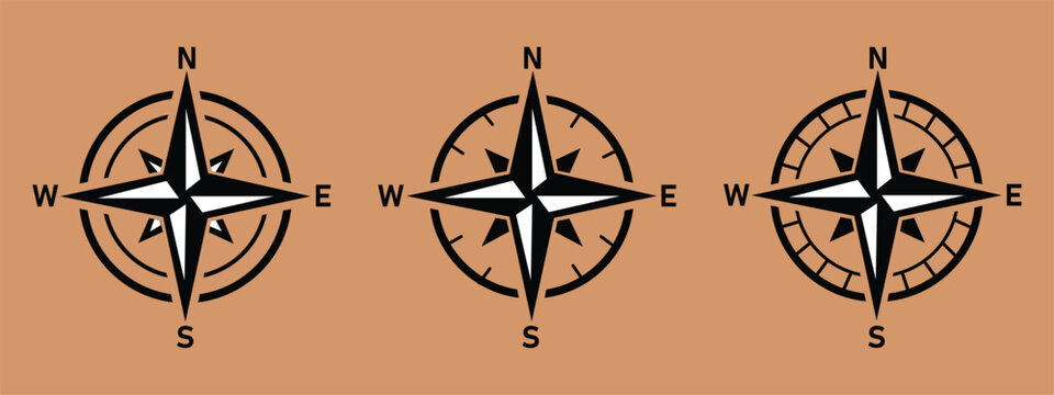 Set of diverse compass rose and navigational symbols vector illustrations. Black and white line art icons for direction, travel, exploration, and maritime design