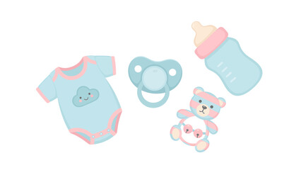 Sweet pastel baby essentials collection with a cute bodysuit, pacifier, feeding bottle, and teddy bear, perfect for newborn announcements and nursery designs