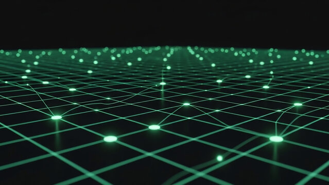Abstract glowing green network grid connecting points in a digital space on a dark background - Powered by Adobe