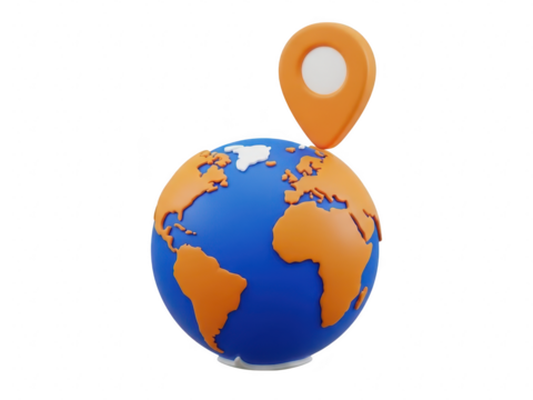 3d illustration of a blue and orange globe with a location pin on top isolated on transparent background - Powered by Adobe