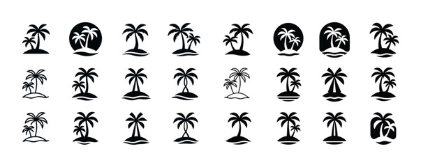Set of 24 palm tree silhouettes in various island designs