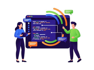 Two people discussing coding and programming concepts on a large computer screen with colorful graphics isolated on transparent background