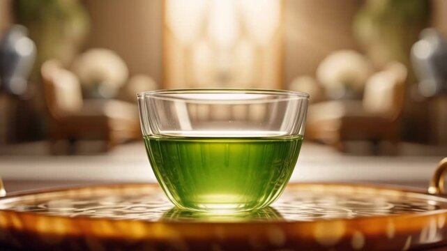 Transparent bowl filled with green liquid on a decorative tray in a cozy interior setting. Represents relaxation and wellness through herbal infusion