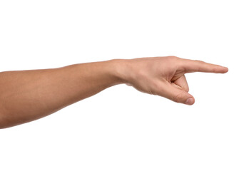 Man pointing at something on white background, closeup