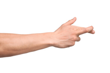 Man crossing fingers on white background, closeup