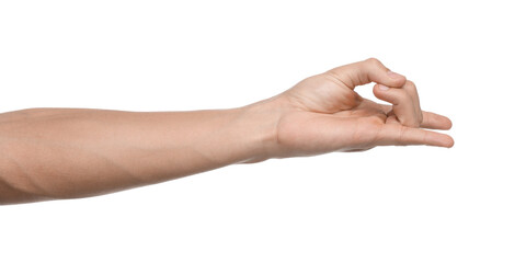 Man showing rock gesture on white background, closeup