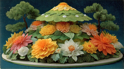 Flower arrangement resembling a tiered pagoda with various colorful blooms.
