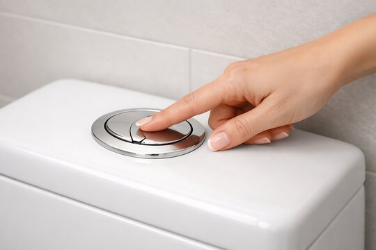 Female hand pressing toilet flush button modern bathroom hygiene photo